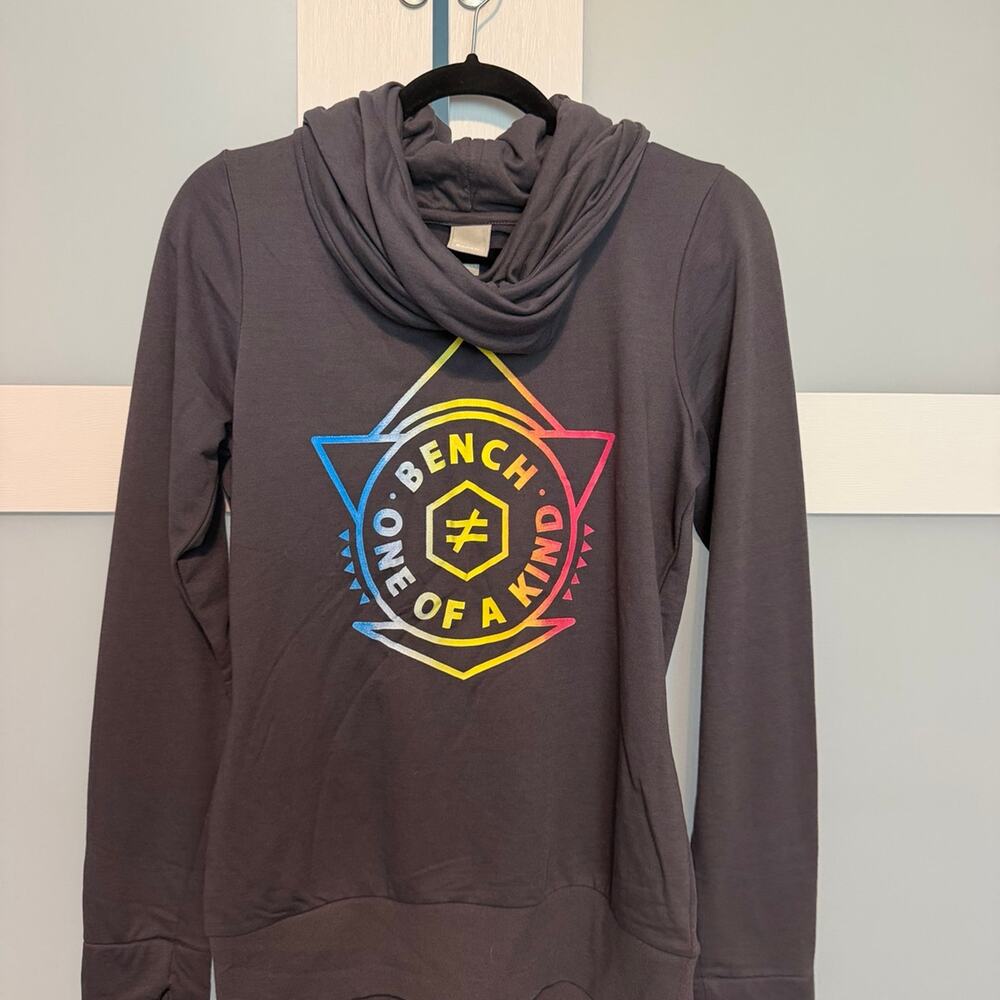 Bench One of a Kind Cowl Neck Sweatshirt Small Gray Rainbow Logo Long Sleeve NWT